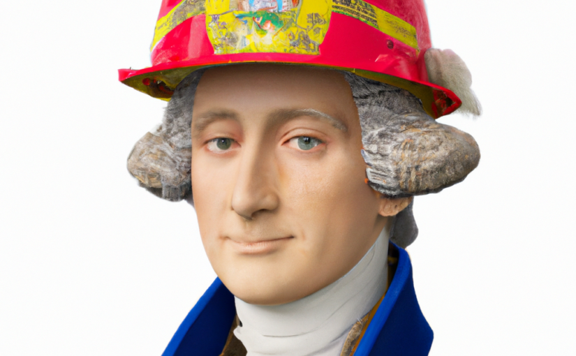 George Washington wearing workers red hard hat