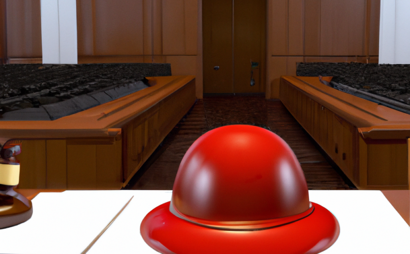 empty court room with a worker's red hard hat on judge's desk