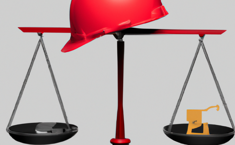 red hard hat for workers with scales of justice in balance workers comp lawyer